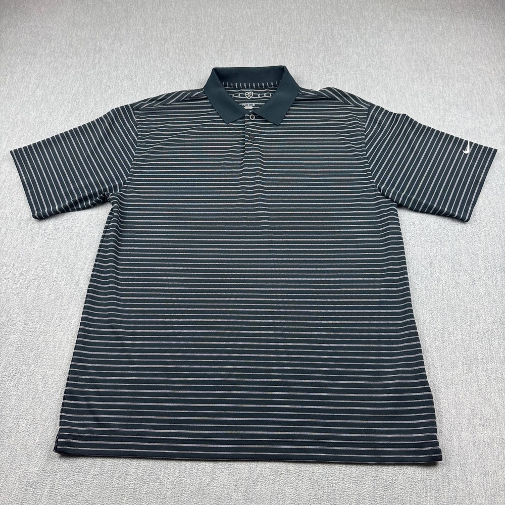 Nike Golf Polo Shirt Mens Large Dark Green Striped Dri-Fit‎ Performance Active